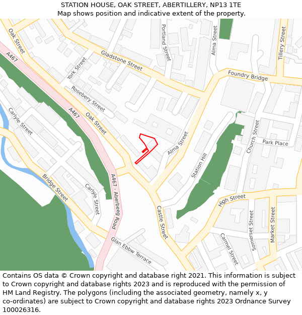 STATION HOUSE, OAK STREET, ABERTILLERY, NP13 1TE: Location map and indicative extent of plot