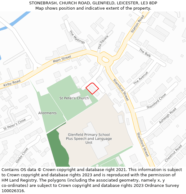 STONEBRASH, CHURCH ROAD, GLENFIELD, LEICESTER, LE3 8DP: Location map and indicative extent of plot