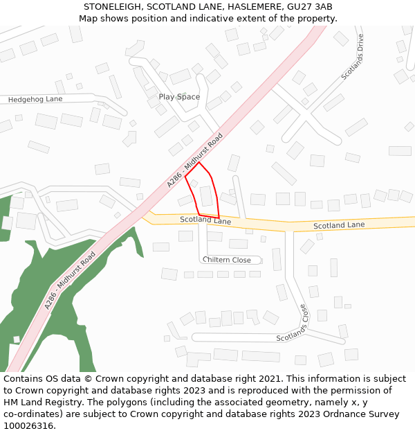 STONELEIGH, SCOTLAND LANE, HASLEMERE, GU27 3AB: Location map and indicative extent of plot