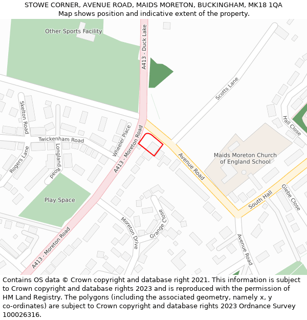 STOWE CORNER, AVENUE ROAD, MAIDS MORETON, BUCKINGHAM, MK18 1QA: Location map and indicative extent of plot