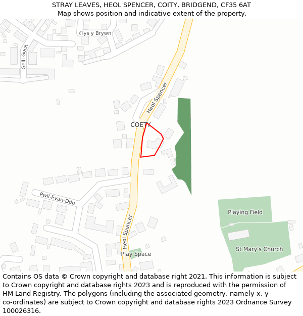 STRAY LEAVES, HEOL SPENCER, COITY, BRIDGEND, CF35 6AT: Location map and indicative extent of plot