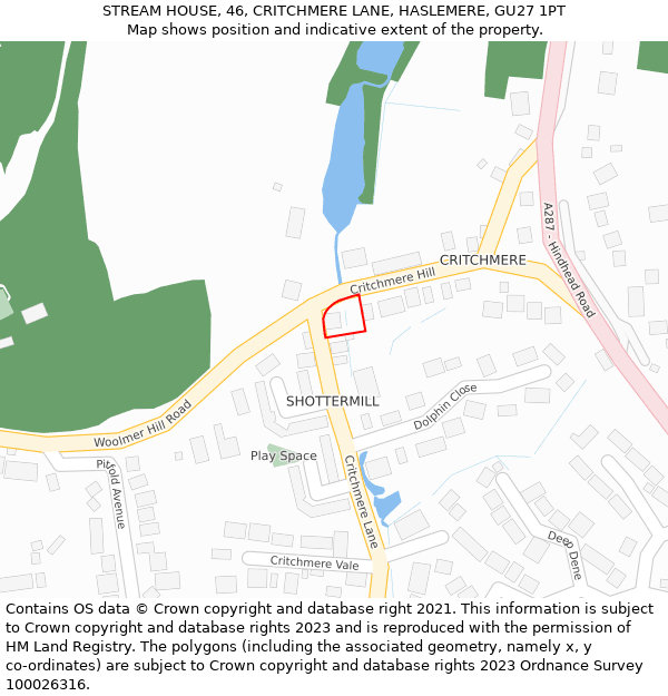 STREAM HOUSE, 46, CRITCHMERE LANE, HASLEMERE, GU27 1PT: Location map and indicative extent of plot