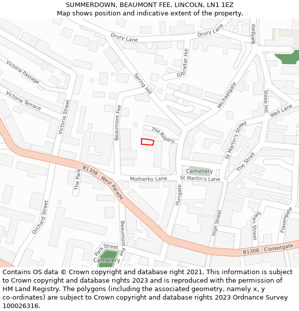 SUMMERDOWN, BEAUMONT FEE, LINCOLN, LN1 1EZ: Location map and indicative extent of plot