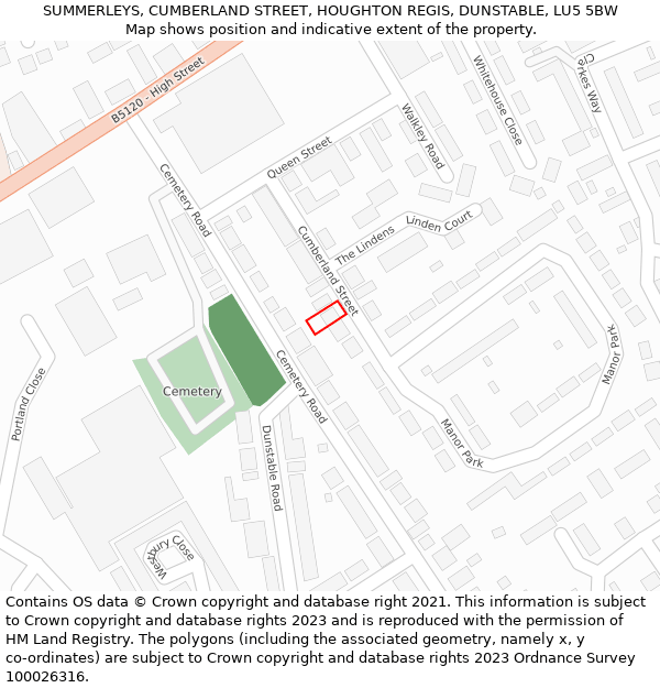 SUMMERLEYS, CUMBERLAND STREET, HOUGHTON REGIS, DUNSTABLE, LU5 5BW: Location map and indicative extent of plot