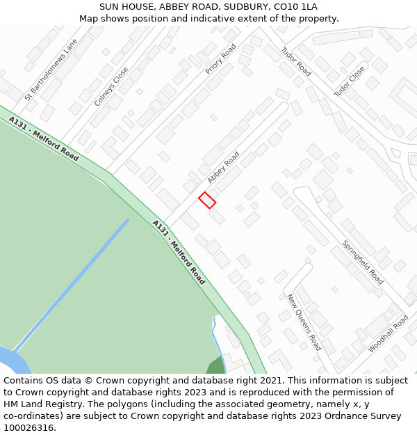 SUN HOUSE, ABBEY ROAD, SUDBURY, CO10 1LA: Location map and indicative extent of plot