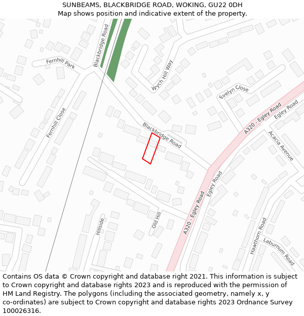 SUNBEAMS, BLACKBRIDGE ROAD, WOKING, GU22 0DH: Location map and indicative extent of plot