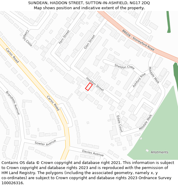 SUNDEAN, HADDON STREET, SUTTON-IN-ASHFIELD, NG17 2DQ: Location map and indicative extent of plot