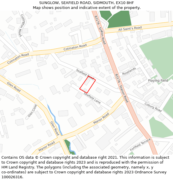 SUNGLOW, SEAFIELD ROAD, SIDMOUTH, EX10 8HF: Location map and indicative extent of plot