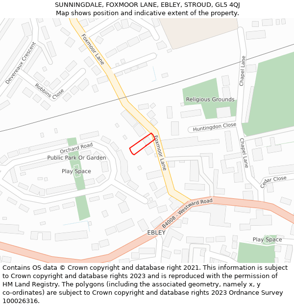 SUNNINGDALE, FOXMOOR LANE, EBLEY, STROUD, GL5 4QJ: Location map and indicative extent of plot