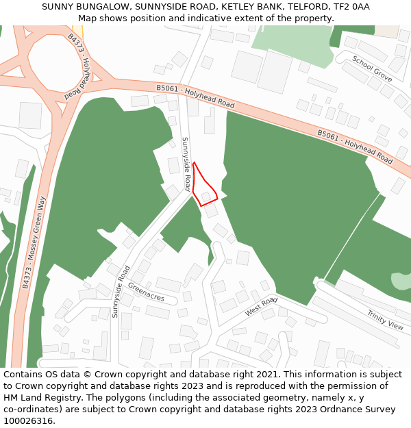 SUNNY BUNGALOW, SUNNYSIDE ROAD, KETLEY BANK, TELFORD, TF2 0AA: Location map and indicative extent of plot