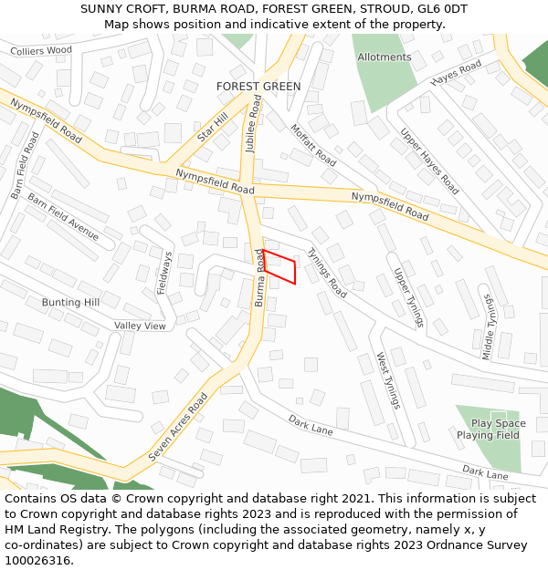 SUNNY CROFT, BURMA ROAD, FOREST GREEN, STROUD, GL6 0DT: Location map and indicative extent of plot