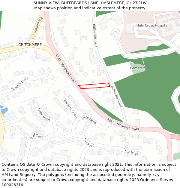 SUNNY VIEW, BUFFBEARDS LANE, HASLEMERE, GU27 1LW: Location map and indicative extent of plot
