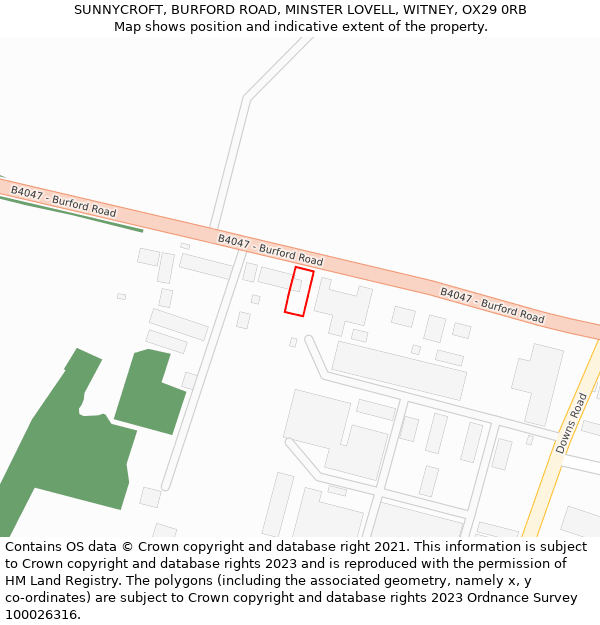 SUNNYCROFT, BURFORD ROAD, MINSTER LOVELL, WITNEY, OX29 0RB: Location map and indicative extent of plot
