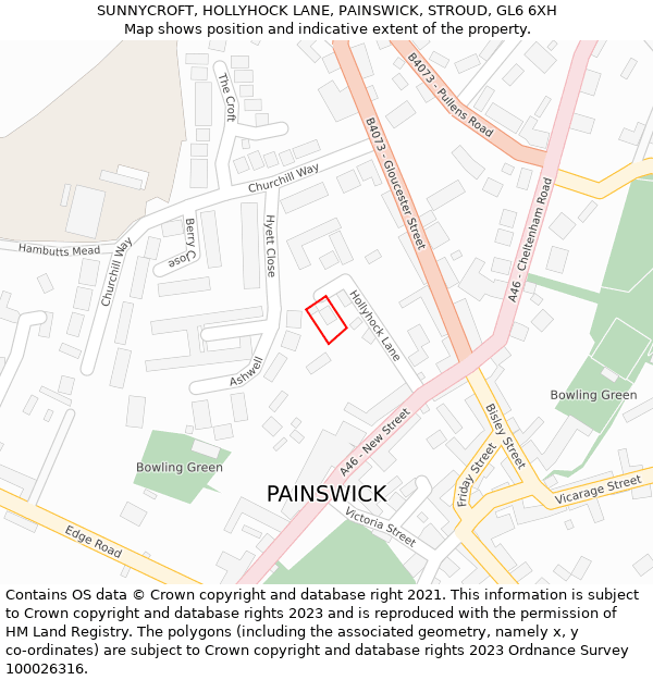 SUNNYCROFT, HOLLYHOCK LANE, PAINSWICK, STROUD, GL6 6XH: Location map and indicative extent of plot