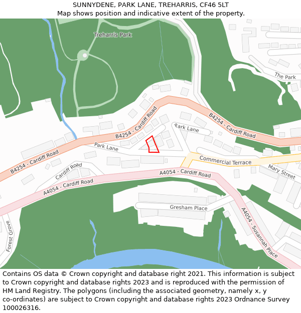 SUNNYDENE, PARK LANE, TREHARRIS, CF46 5LT: Location map and indicative extent of plot