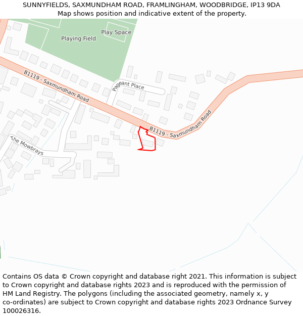 SUNNYFIELDS, SAXMUNDHAM ROAD, FRAMLINGHAM, WOODBRIDGE, IP13 9DA: Location map and indicative extent of plot
