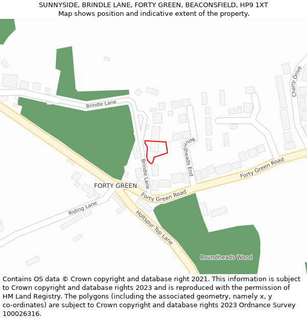 SUNNYSIDE, BRINDLE LANE, FORTY GREEN, BEACONSFIELD, HP9 1XT: Location map and indicative extent of plot