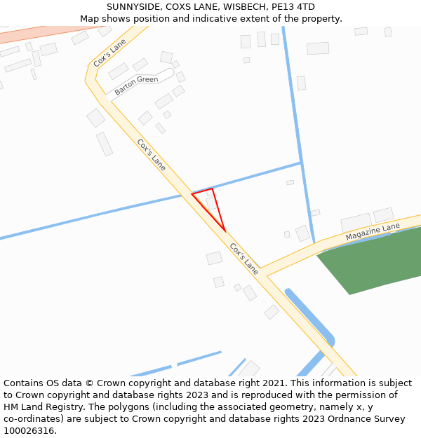 SUNNYSIDE, COXS LANE, WISBECH, PE13 4TD: Location map and indicative extent of plot