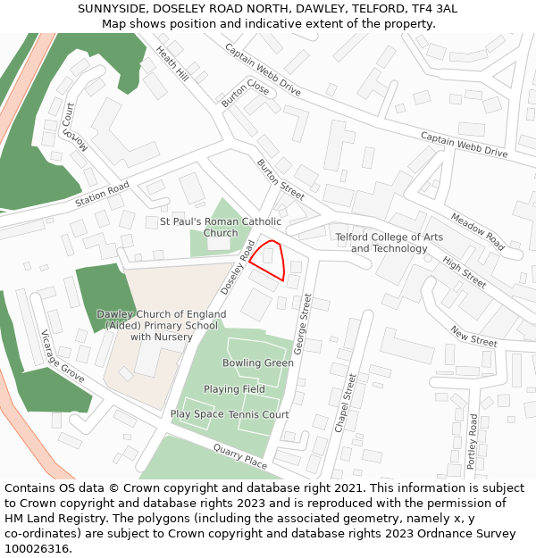 SUNNYSIDE, DOSELEY ROAD NORTH, DAWLEY, TELFORD, TF4 3AL: Location map and indicative extent of plot