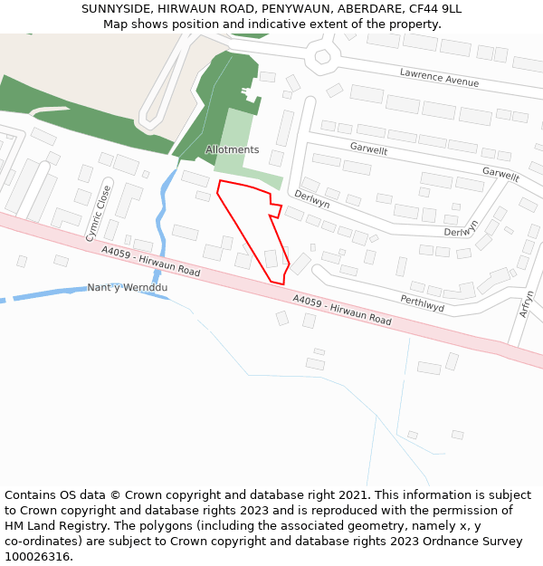 SUNNYSIDE, HIRWAUN ROAD, PENYWAUN, ABERDARE, CF44 9LL: Location map and indicative extent of plot