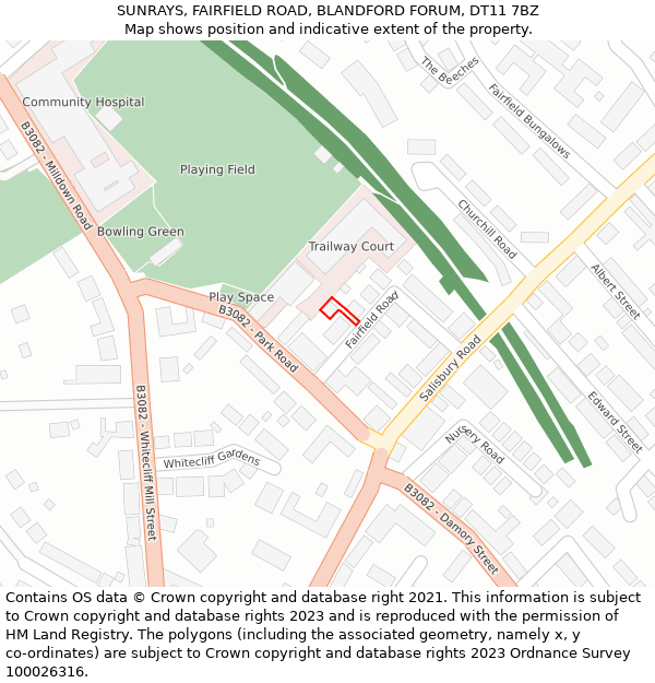 SUNRAYS, FAIRFIELD ROAD, BLANDFORD FORUM, DT11 7BZ: Location map and indicative extent of plot