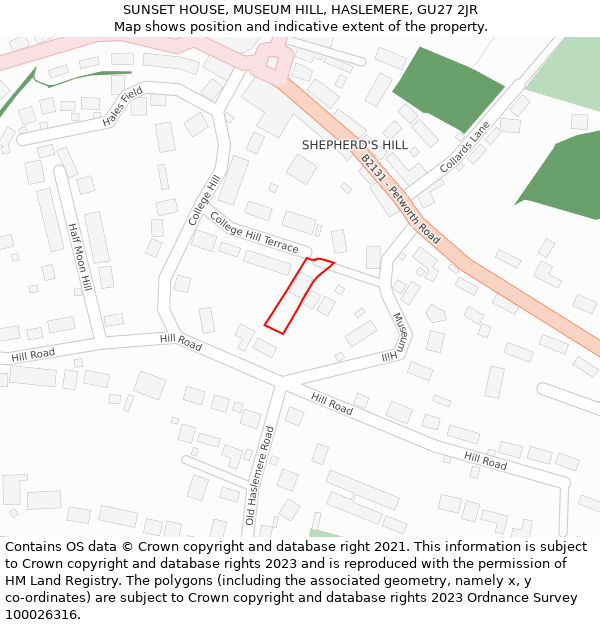 SUNSET HOUSE, MUSEUM HILL, HASLEMERE, GU27 2JR: Location map and indicative extent of plot