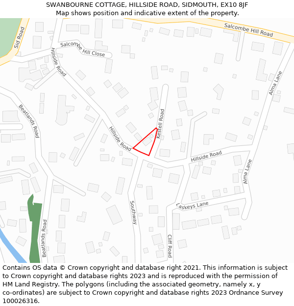 SWANBOURNE COTTAGE, HILLSIDE ROAD, SIDMOUTH, EX10 8JF: Location map and indicative extent of plot