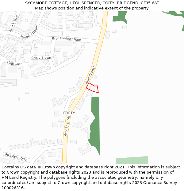 SYCAMORE COTTAGE, HEOL SPENCER, COITY, BRIDGEND, CF35 6AT: Location map and indicative extent of plot