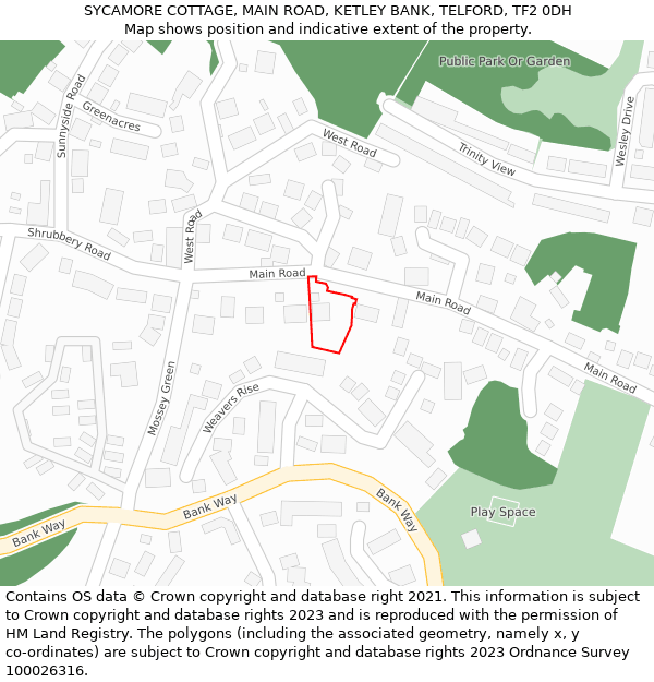 SYCAMORE COTTAGE, MAIN ROAD, KETLEY BANK, TELFORD, TF2 0DH: Location map and indicative extent of plot