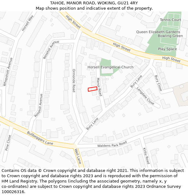 TAHOE, MANOR ROAD, WOKING, GU21 4RY: Location map and indicative extent of plot