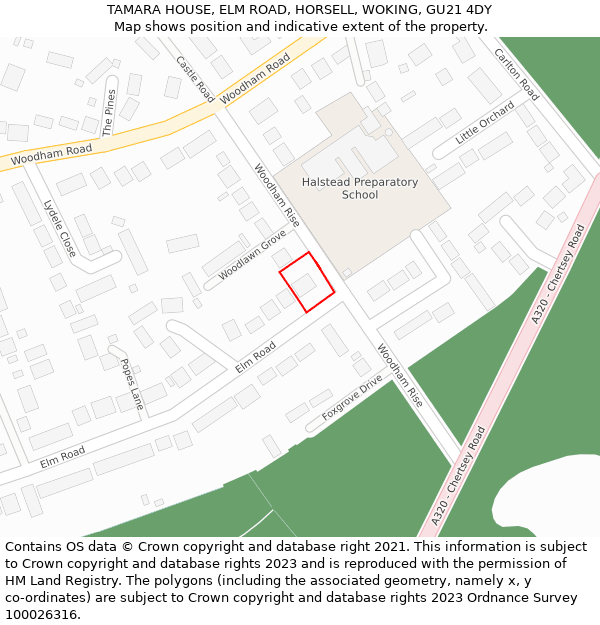 TAMARA HOUSE, ELM ROAD, HORSELL, WOKING, GU21 4DY: Location map and indicative extent of plot