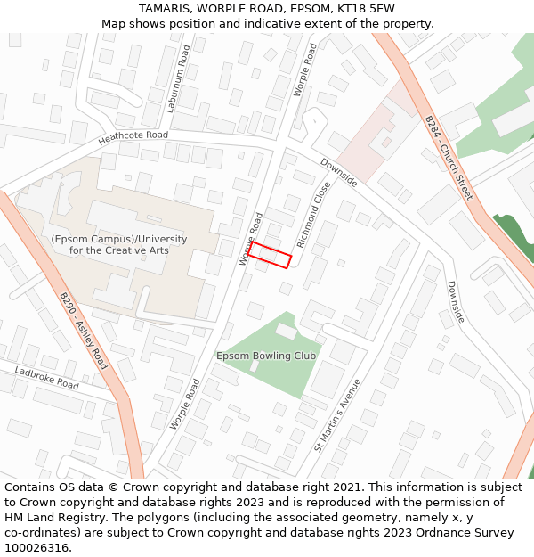 TAMARIS, WORPLE ROAD, EPSOM, KT18 5EW: Location map and indicative extent of plot