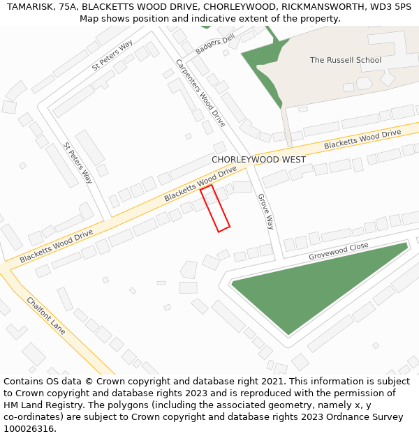 TAMARISK, 75A, BLACKETTS WOOD DRIVE, CHORLEYWOOD, RICKMANSWORTH, WD3 5PS: Location map and indicative extent of plot