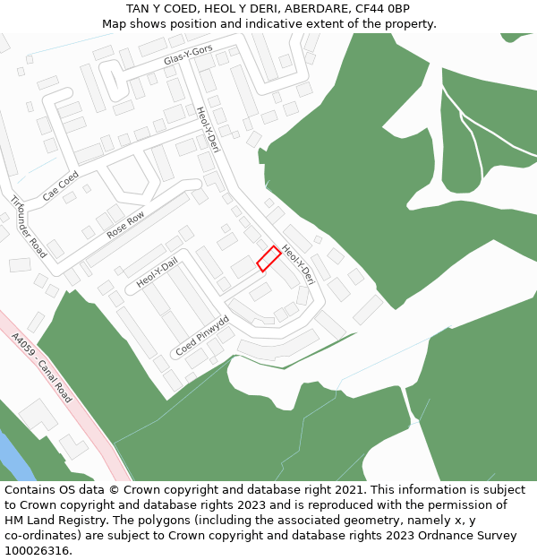 TAN Y COED, HEOL Y DERI, ABERDARE, CF44 0BP: Location map and indicative extent of plot