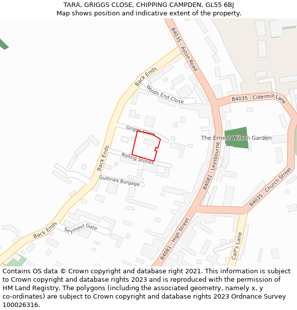 TARA, GRIGGS CLOSE, CHIPPING CAMPDEN, GL55 6BJ: Location map and indicative extent of plot
