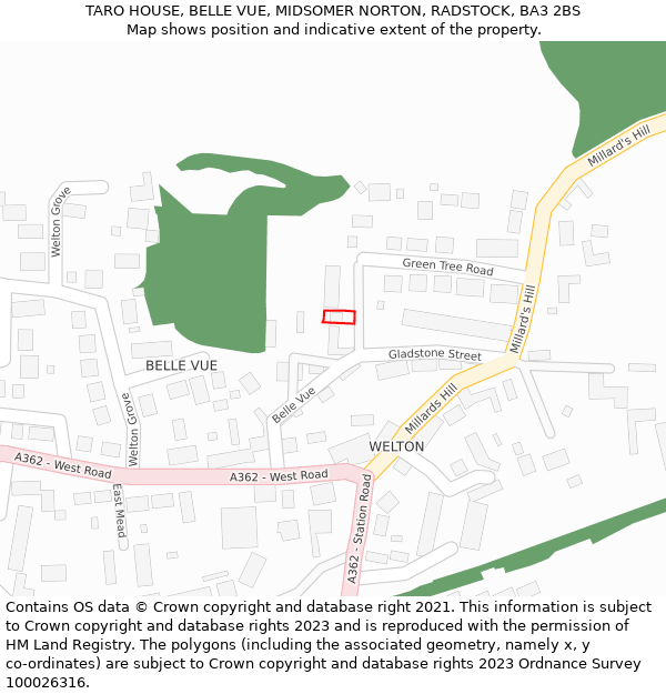 TARO HOUSE, BELLE VUE, MIDSOMER NORTON, RADSTOCK, BA3 2BS: Location map and indicative extent of plot