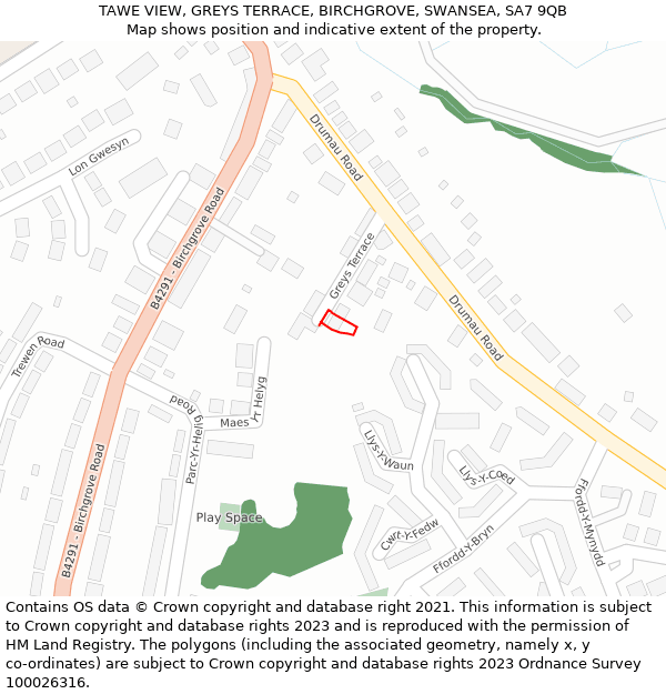 TAWE VIEW, GREYS TERRACE, BIRCHGROVE, SWANSEA, SA7 9QB: Location map and indicative extent of plot