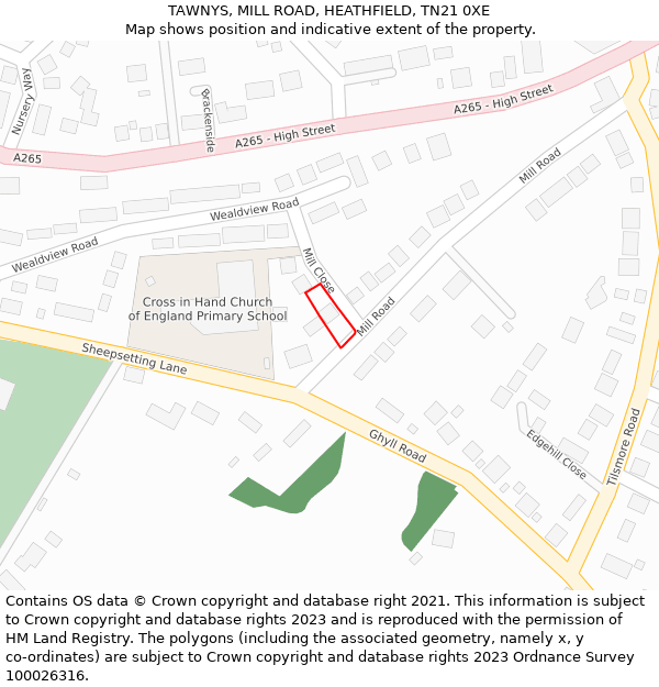 TAWNYS, MILL ROAD, HEATHFIELD, TN21 0XE: Location map and indicative extent of plot