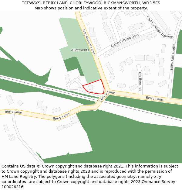 TEEWAYS, BERRY LANE, CHORLEYWOOD, RICKMANSWORTH, WD3 5ES: Location map and indicative extent of plot