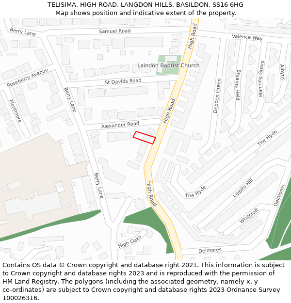 TELISIMA, HIGH ROAD, LANGDON HILLS, BASILDON, SS16 6HG: Location map and indicative extent of plot