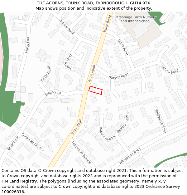 THE ACORNS, TRUNK ROAD, FARNBOROUGH, GU14 9TX: Location map and indicative extent of plot