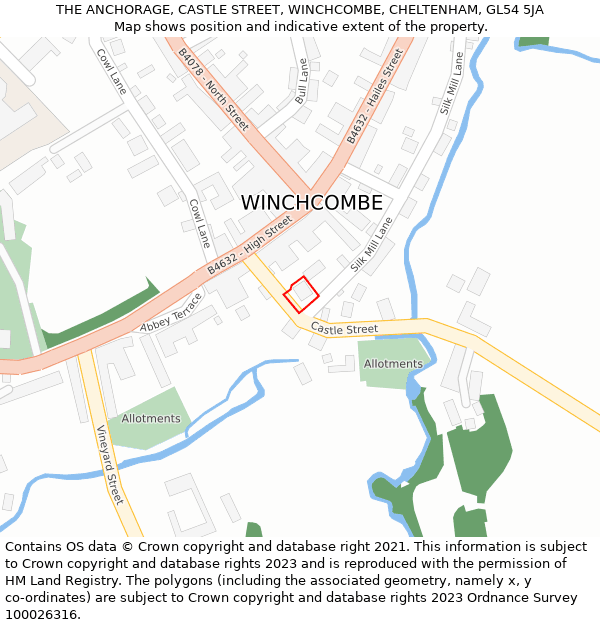 THE ANCHORAGE, CASTLE STREET, WINCHCOMBE, CHELTENHAM, GL54 5JA: Location map and indicative extent of plot