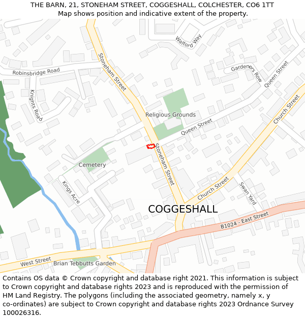 THE BARN, 21, STONEHAM STREET, COGGESHALL, COLCHESTER, CO6 1TT: Location map and indicative extent of plot