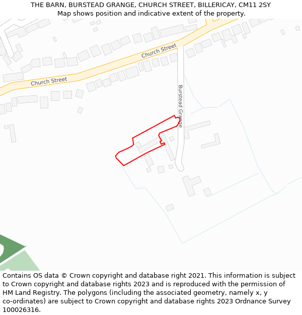 THE BARN, BURSTEAD GRANGE, CHURCH STREET, BILLERICAY, CM11 2SY: Location map and indicative extent of plot