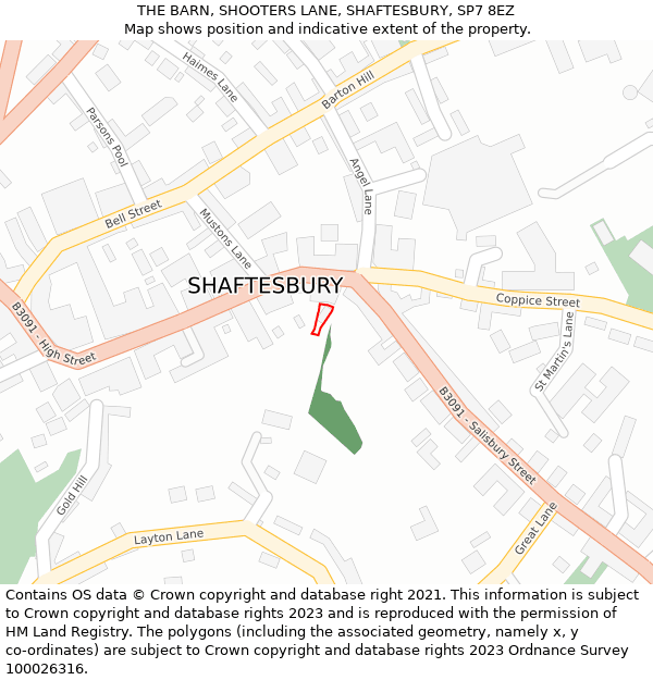 THE BARN, SHOOTERS LANE, SHAFTESBURY, SP7 8EZ: Location map and indicative extent of plot