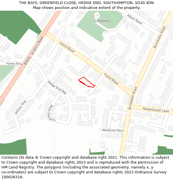 THE BAYS, GREENFIELD CLOSE, HEDGE END, SOUTHAMPTON, SO30 4DN: Location map and indicative extent of plot