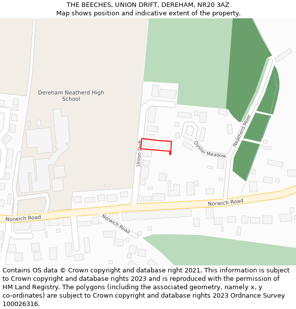 THE BEECHES, UNION DRIFT, DEREHAM, NR20 3AZ: Location map and indicative extent of plot