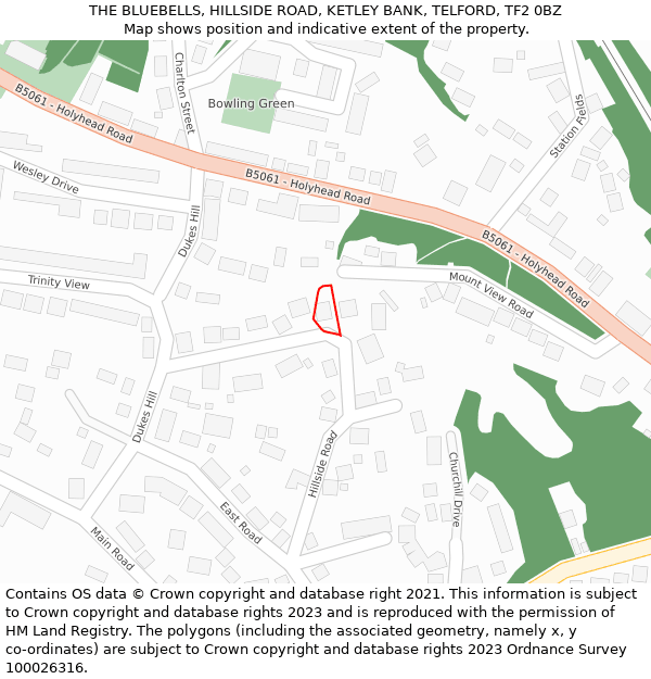 THE BLUEBELLS, HILLSIDE ROAD, KETLEY BANK, TELFORD, TF2 0BZ: Location map and indicative extent of plot