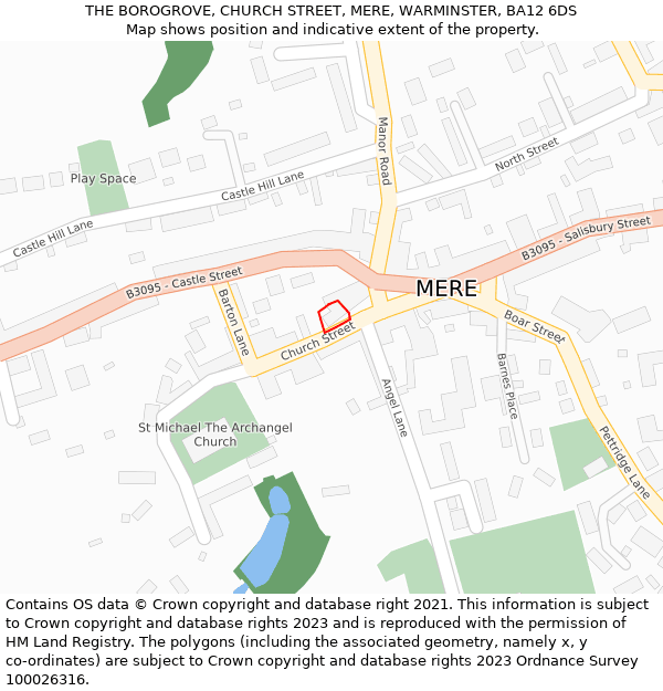 THE BOROGROVE, CHURCH STREET, MERE, WARMINSTER, BA12 6DS: Location map and indicative extent of plot