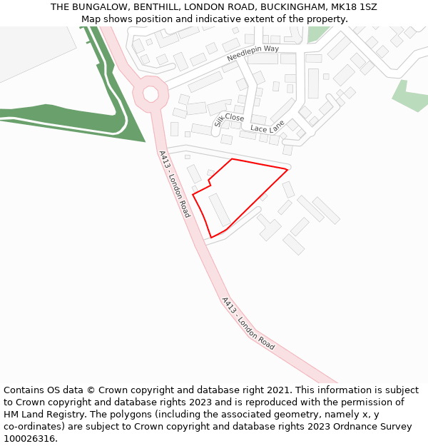 THE BUNGALOW, BENTHILL, LONDON ROAD, BUCKINGHAM, MK18 1SZ: Location map and indicative extent of plot